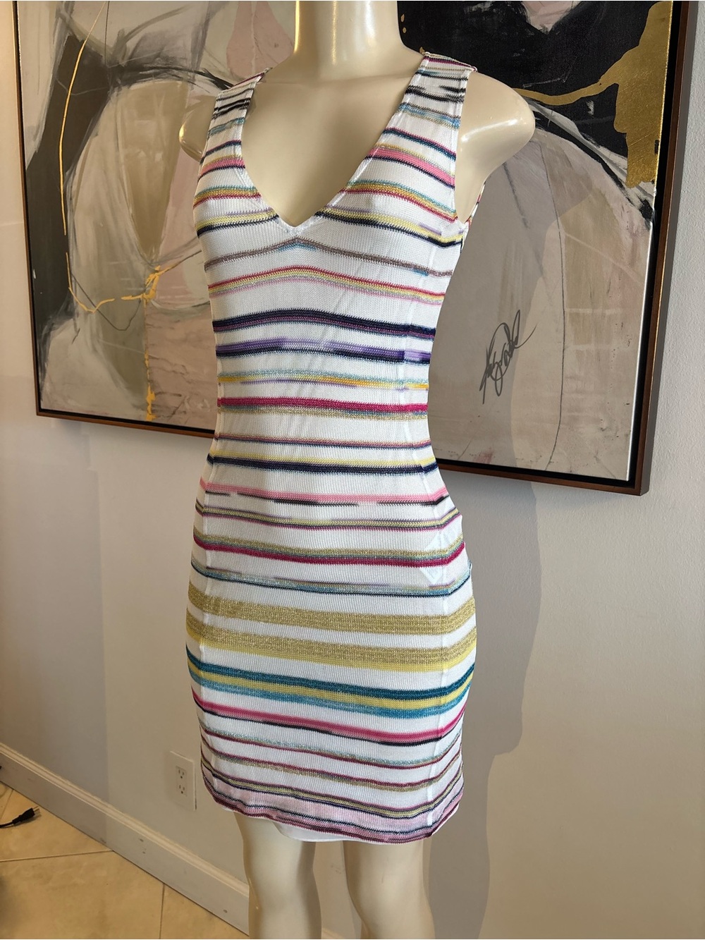 Striped V-Neck Knit Dress in White with Multi Color Stripes